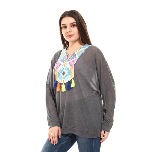 knitted Arabian style aplique sweatshirt-Grey