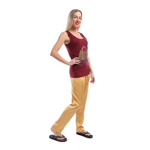 Sleepwear Set Of 2 Satin Pajama Set-Gold*Maroon