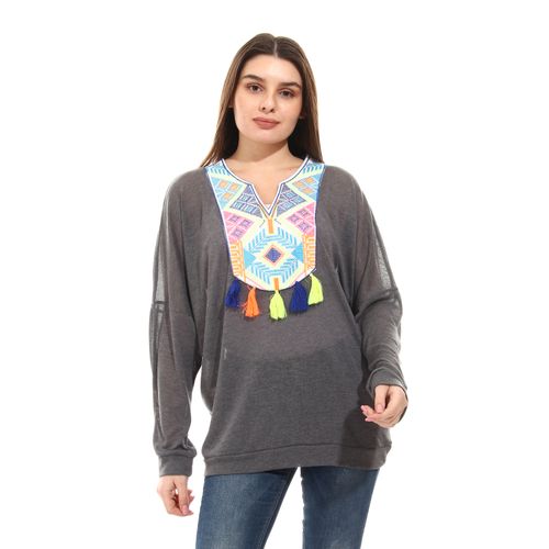 knitted Arabian style aplique sweatshirt-Grey