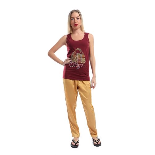 Sleepwear Set Of 2 Satin Pajama Set-Gold*Maroon