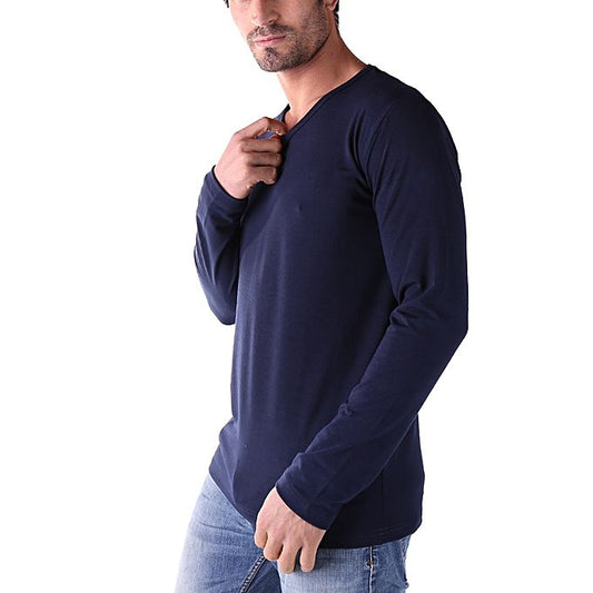 Doe Men Long Sleeve V-Neck T-Shirt Navy - Champsland