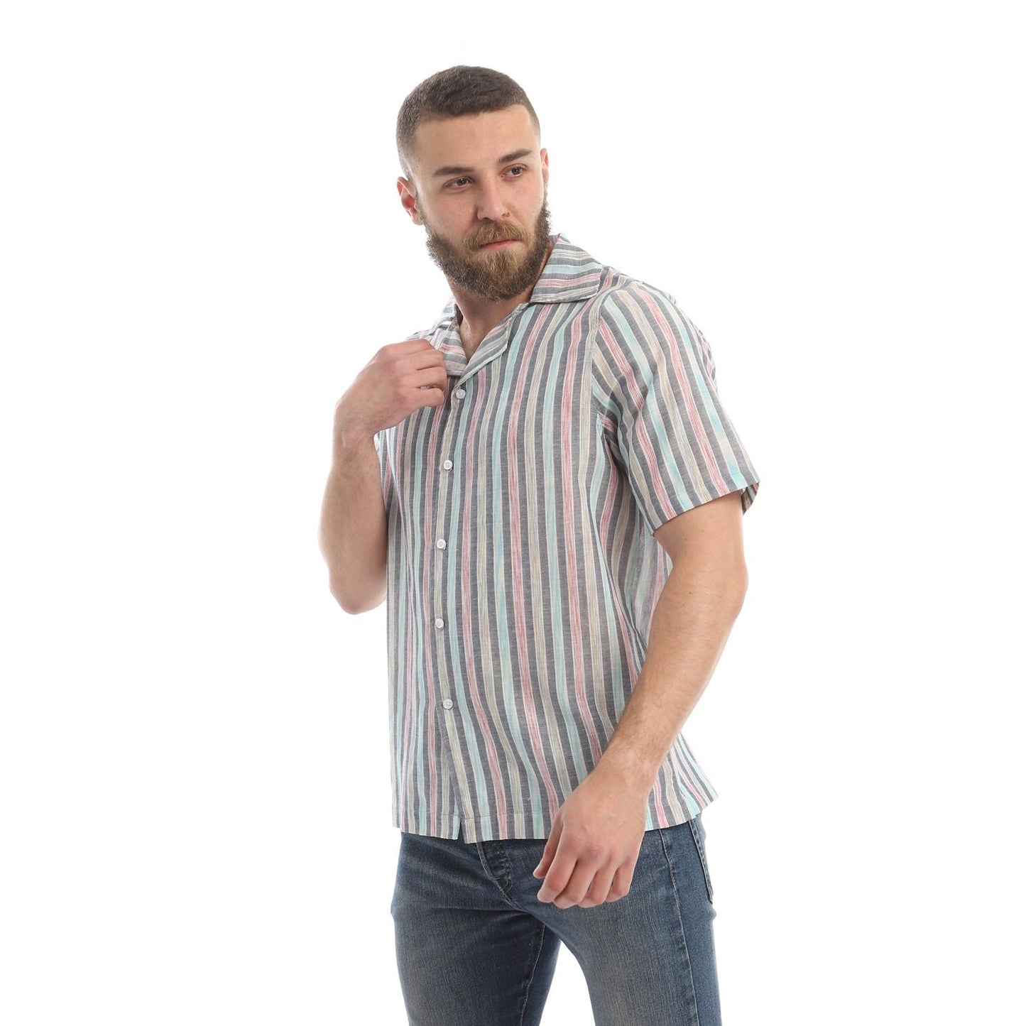 Hawaii Linen Short Sleeved striped Shirts- Navy, Off white - Champsland