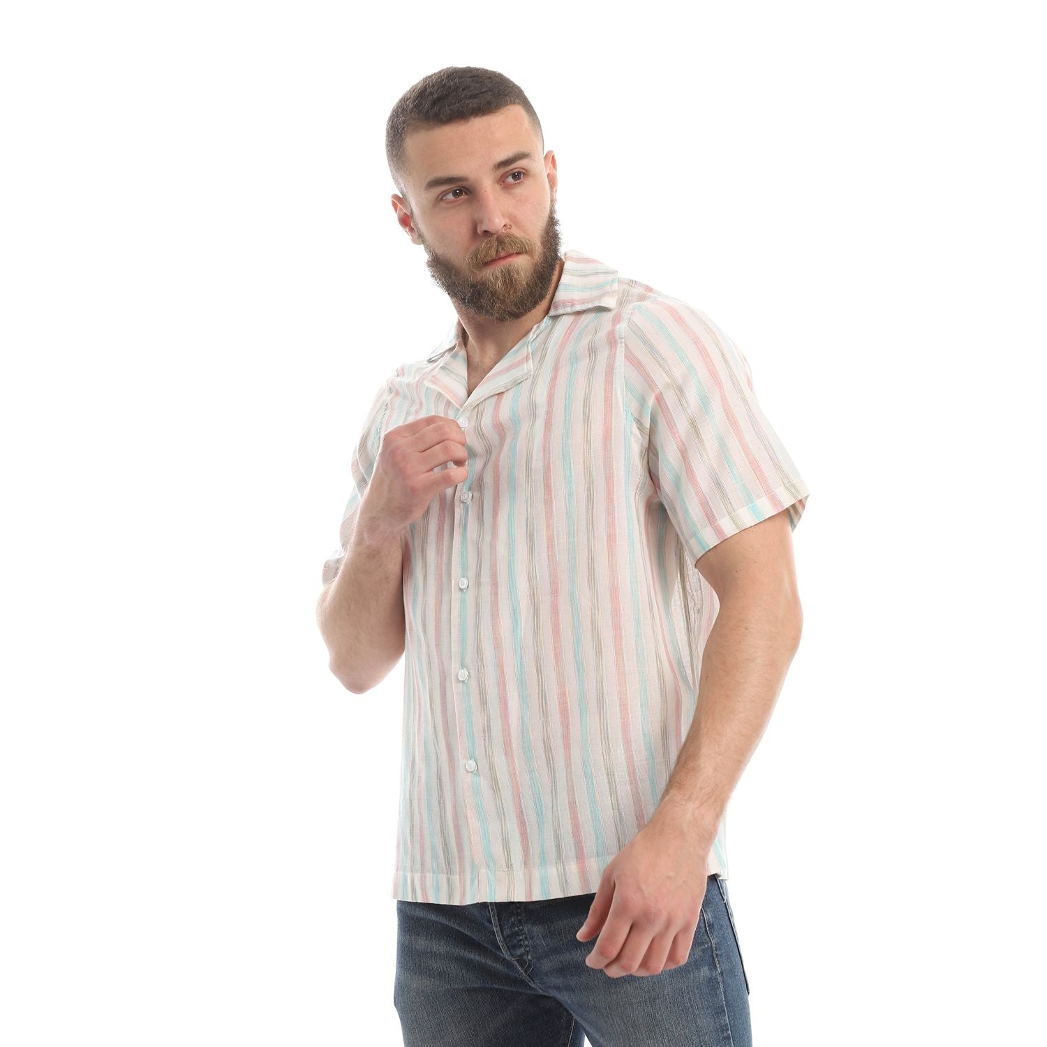 Hawaii Linen Short Sleeved striped Shirts- Navy, Off white - Champsland